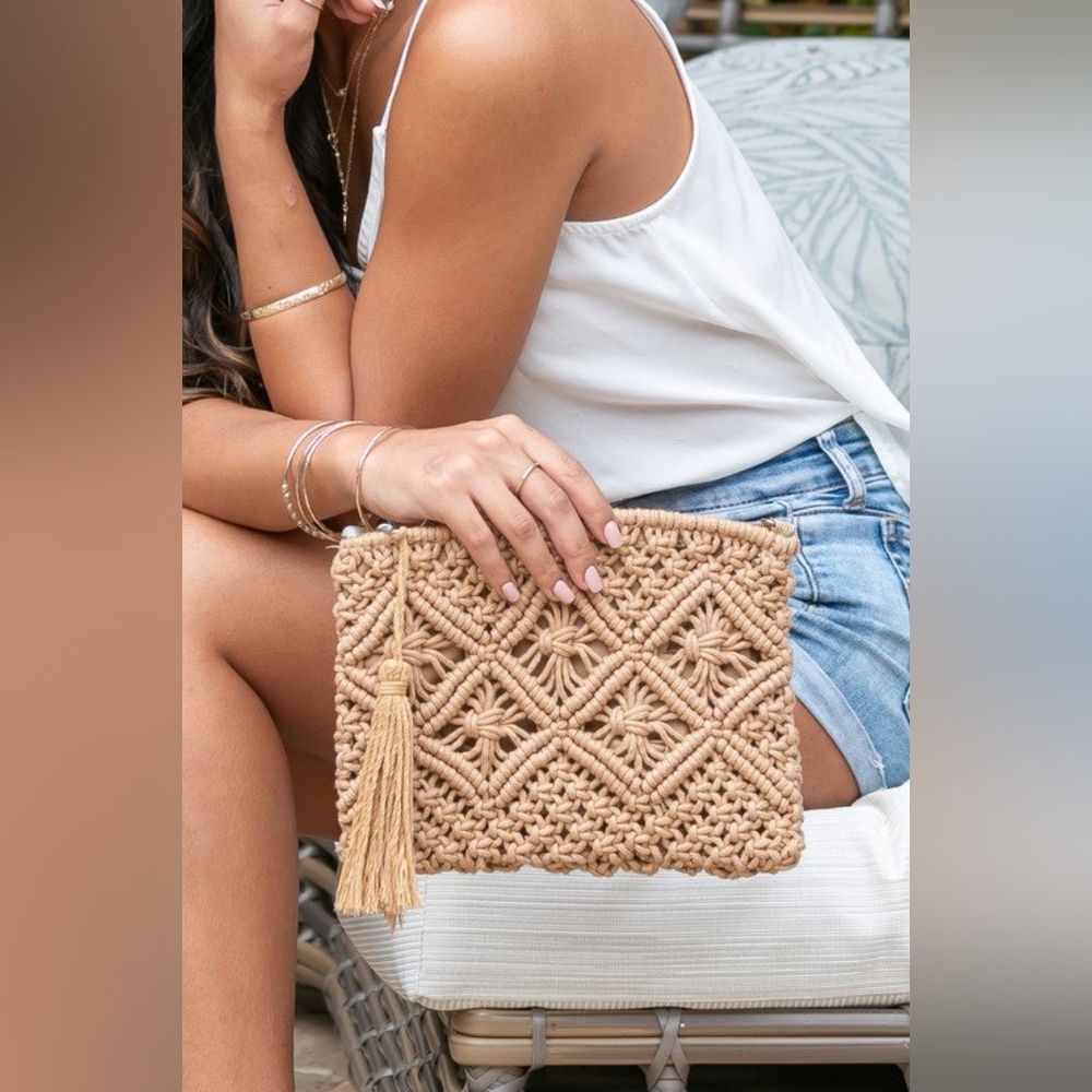 Macrame Tassel Clutch - Khaki - Picture 5 of 6
